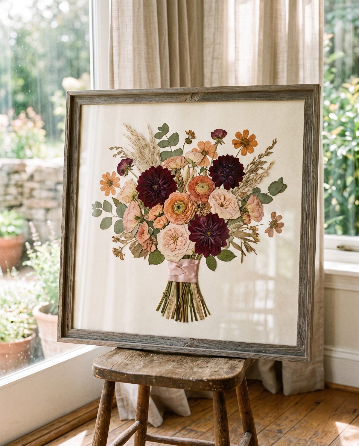 Preview image: dahlias and ranunculus pressed in a driftwood gray frame